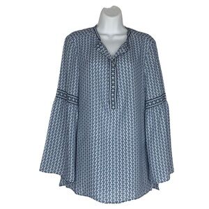 Max Studio Boho Blue and White Long Bell Sleeve Tunic Peasant Top Medium